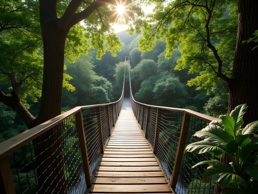 Wooden suspension bridge over lush forest canopy in Lowveld National Botanical Garden