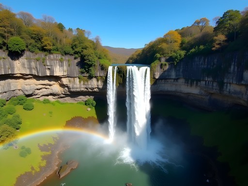 Twin cascades of Mac Mac Falls with rainbow forming in the mist, Mpumalanga