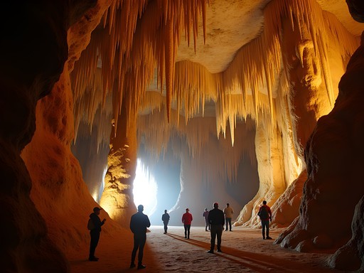 Dramatic stalactite and stalagmite formations illuminated inside Sudwala Caves