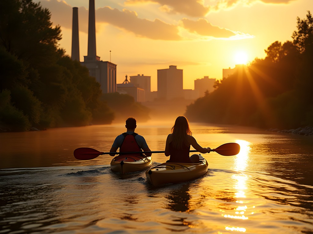 Couple kayaking on Bronx River during golden hour with industrial structures and greenery