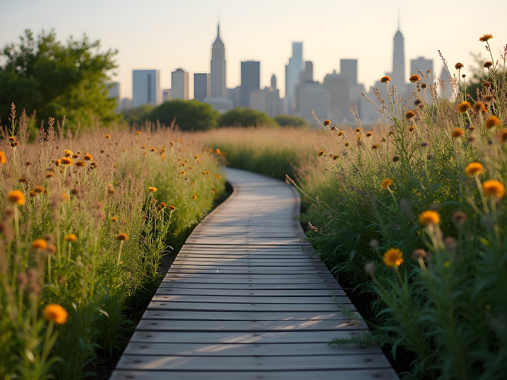 Elevated wooden walkway through native meadow with Manhattan skyline in background