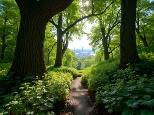 Ancient forest trail in Inwood Hill Park with Manhattan skyline visible through trees