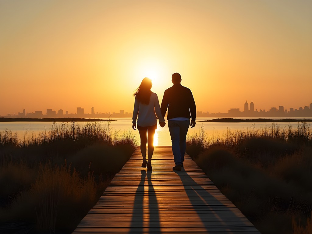 Couple walking on boardwalk through salt marshes at Jamaica Bay Wildlife Refuge during sunset