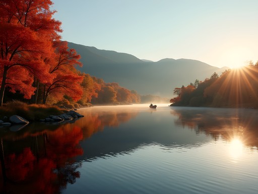 Brilliant autumn foliage surrounding Lake Memphremagog with small fishing boat