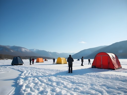 Ice fishing setup on frozen Lake Memphremagog with colorful shelters