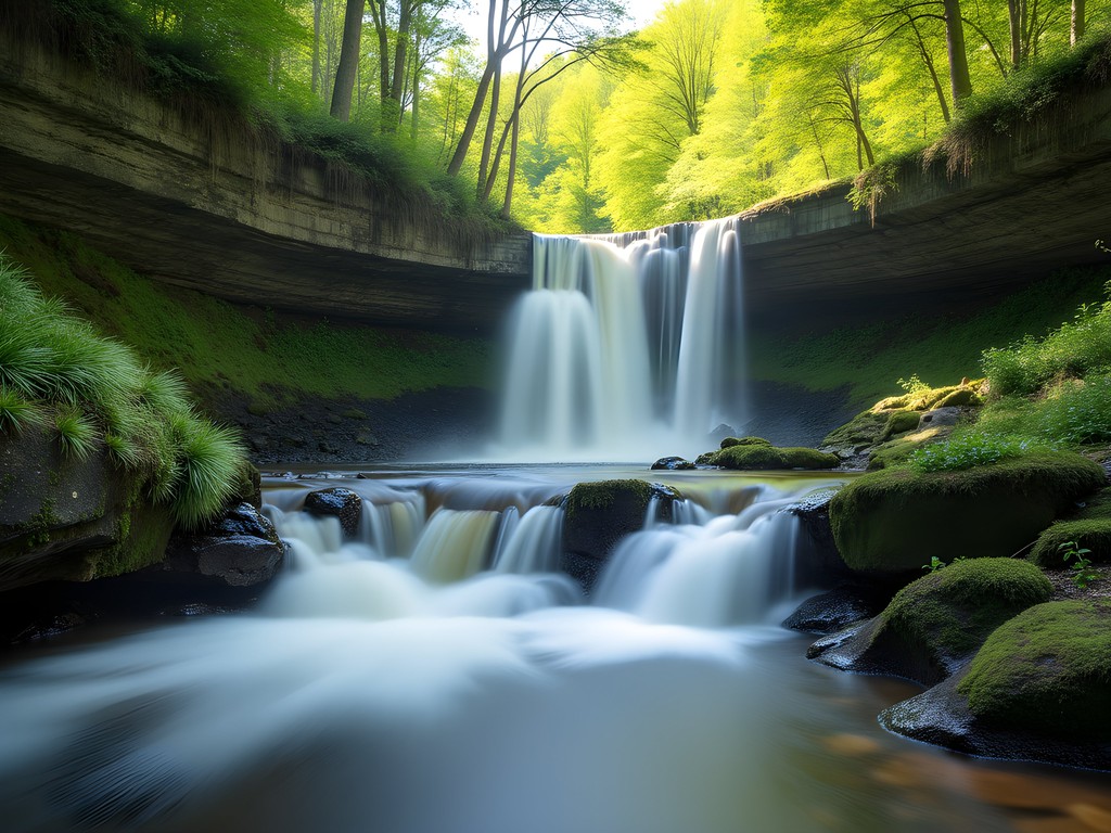 Waterfall near Lake Memphremagog during spring snowmelt with lush green vegetation