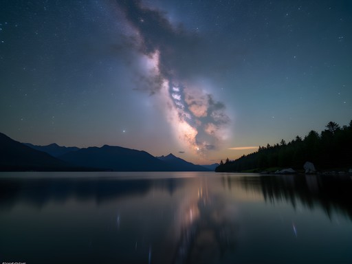 Starry night sky reflecting on still waters of Lake Memphremagog