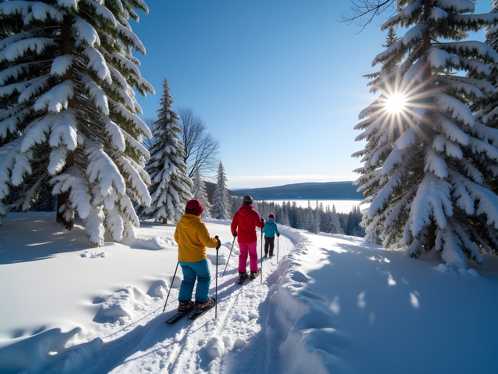 Family snowshoeing on winter trails near Lake Memphremagog