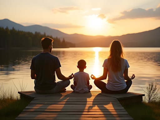 Family practicing mindfulness meditation by Lake Memphremagog