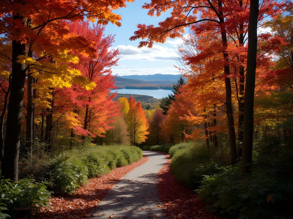 Autumn hiking trail near Lake Memphremagog with vibrant fall foliage
