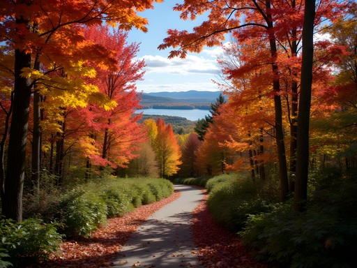 Autumn hiking trail near Lake Memphremagog with vibrant fall foliage