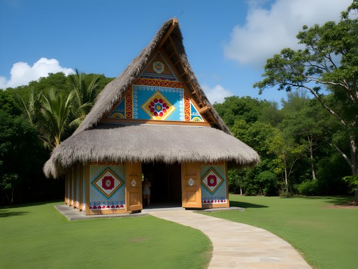 Traditional Palauan Bai meeting house with colorful painted panels in Airai