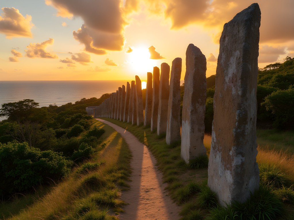 Ancient stone monoliths at Badrulchau archaeological site at sunset