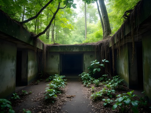 Abandoned WWII Japanese bunker being reclaimed by jungle vegetation in Palau
