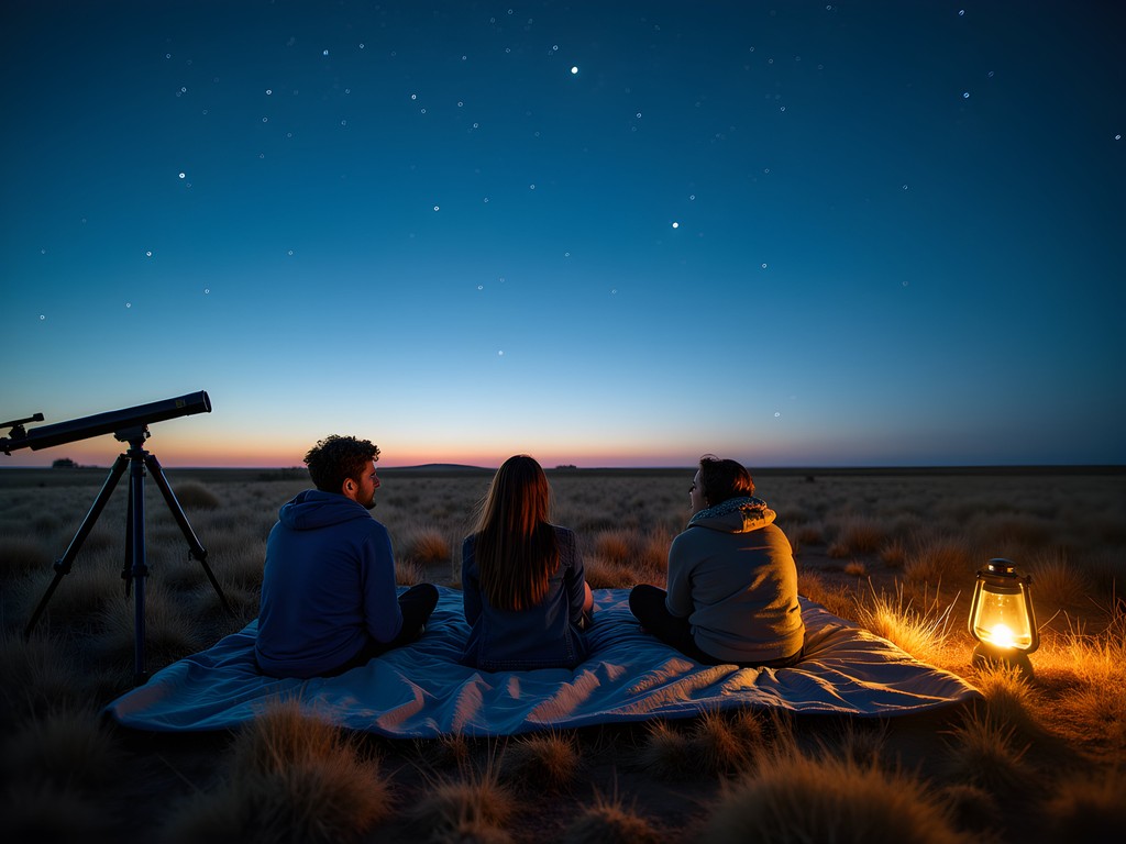 Family lying on blankets looking up at starry sky in Nebraska prairie