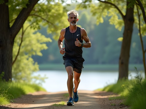 Trail runner on wooded path circling Skyview Lake in Norfolk Nebraska