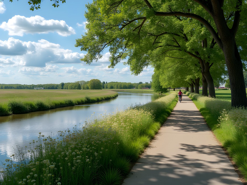 Paved Elkhorn River Trail in Norfolk Nebraska with cyclists and spring wildflowers