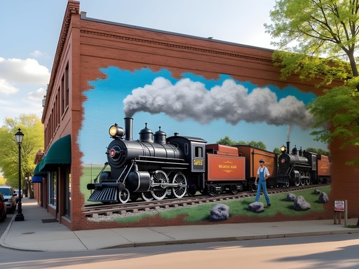 Historic railroad mural street art in downtown Norfolk Nebraska