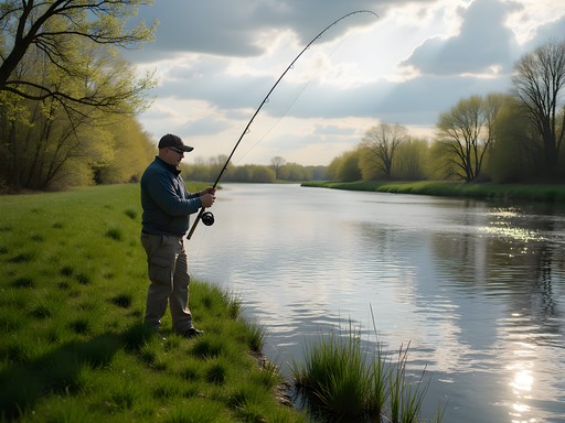 Angler fishing from riverbank at North Fork River in Norfolk Nebraska during spring