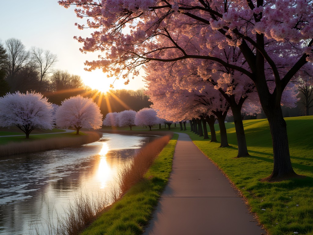 Arkansas River Trail with spring dogwoods and redbuds in bloom