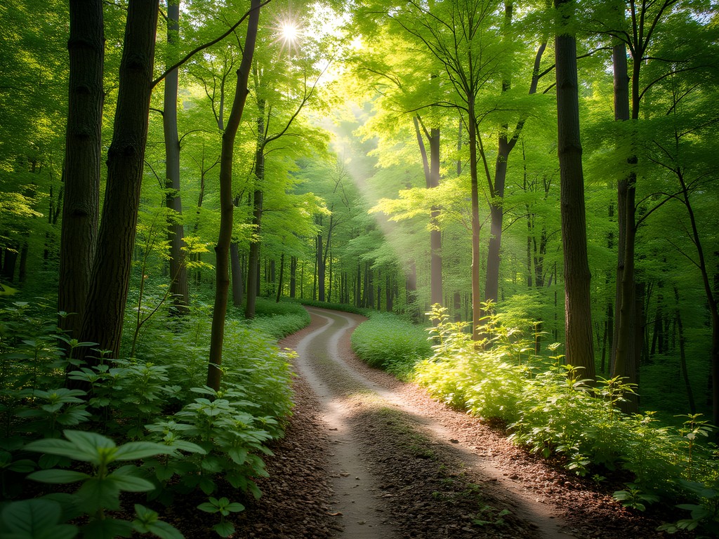 Forest hiking trails in Burns Park with spring foliage