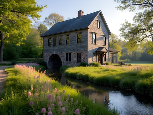 Old Mill Park with spring wildflowers blooming around historic grist mill