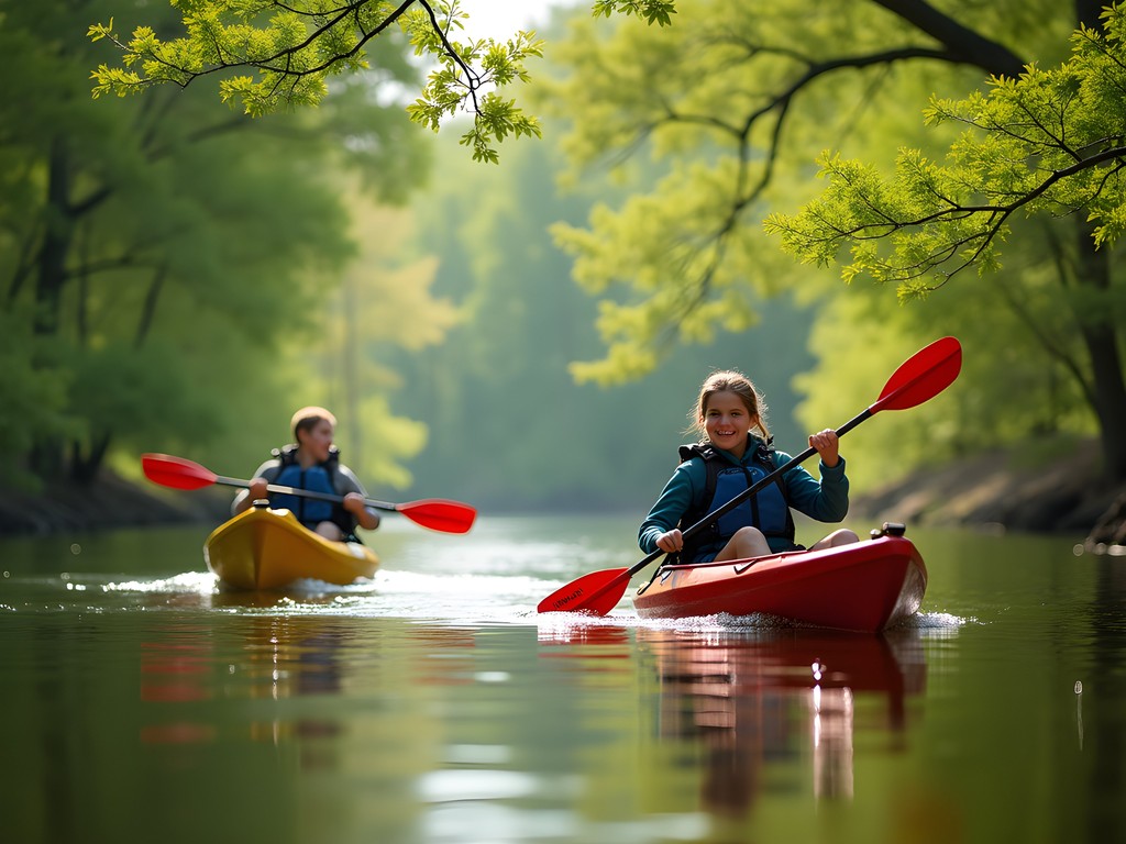 Family kayaking on Rock Creek with spring foliage in North Little Rock