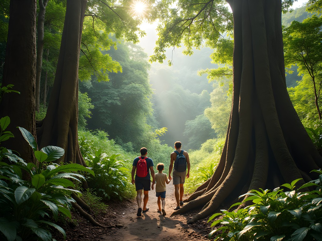 Family hiking through ancient rainforest trails on 'Eua Island, Tonga