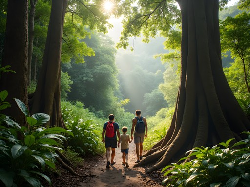 Family hiking through ancient rainforest trails on 'Eua Island, Tonga