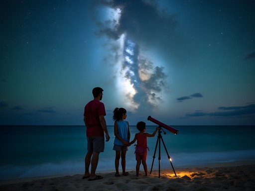 Family stargazing with telescope on Ha'atafu Beach under Milky Way, Tonga