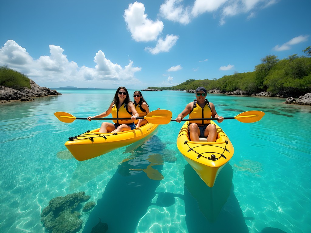 Family kayaking through clear lagoons with transparent kayaks in Tongatapu, Tonga