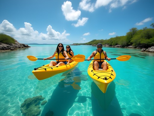 Family kayaking through clear lagoons with transparent kayaks in Tongatapu, Tonga