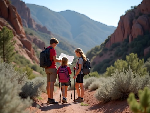 Family navigating the unmarked trail through Baer Canyon toward Malan's Peak