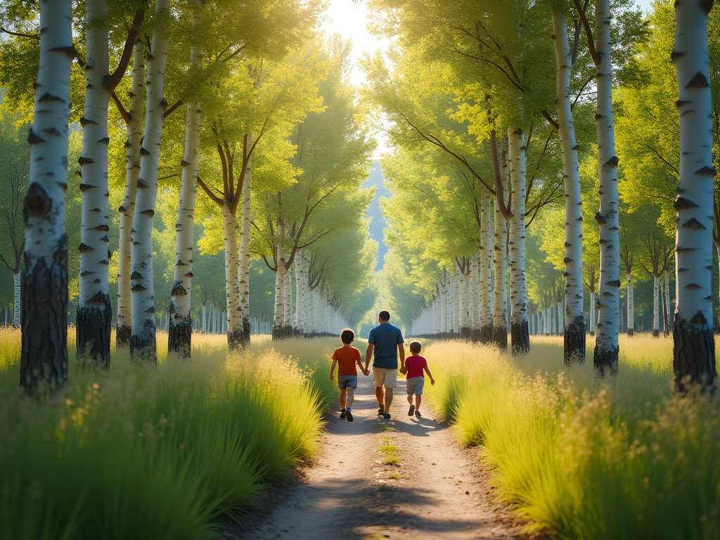 Family walking through sunlit aspen grove on Hidden Valley Park Trail in Ogden