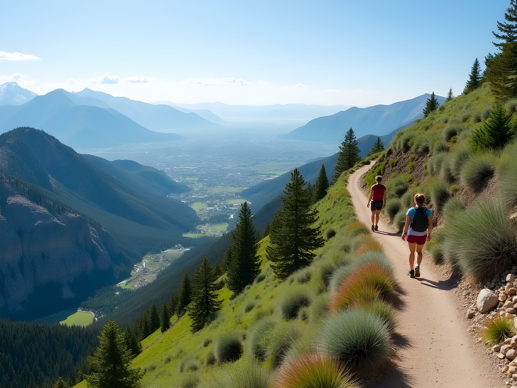 Panoramic view of Ogden Valley from Indian Trail with family hikers in foreground