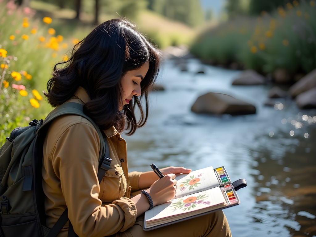 Violet Hayes creating nature-inspired calligraphy beside mountain stream in Ogden