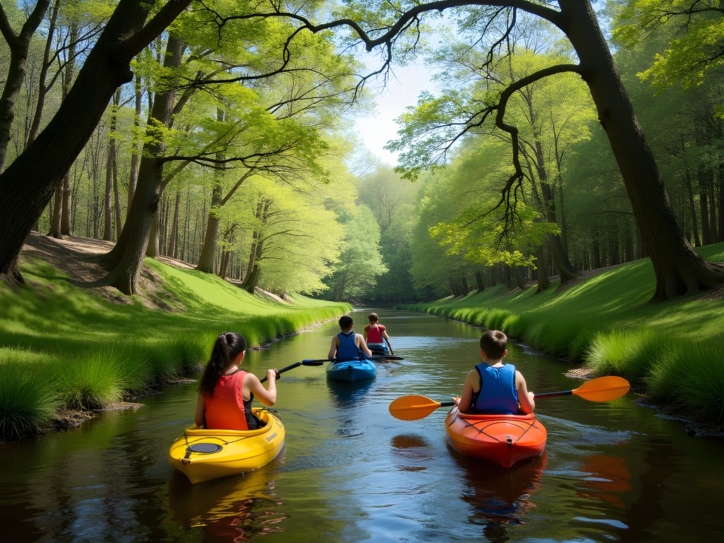 Family kayaking on Camp Creek in Olive Branch with spring greenery