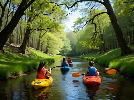 Family kayaking on Camp Creek in Olive Branch with spring greenery