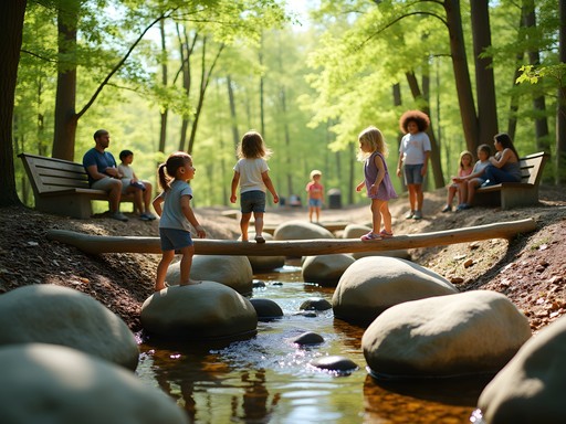 Children playing on natural log structures at Mineral Springs Park in Olive Branch