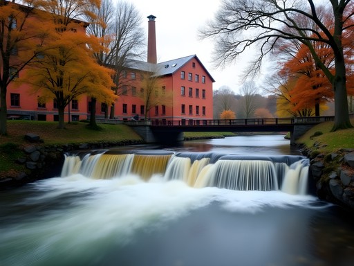Waterfall on Akerselva River surrounded by autumn foliage with historic brick factory