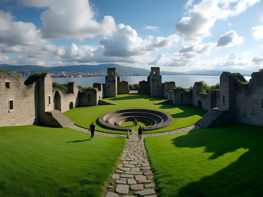 Ancient monastery ruins on Hovedøya Island with Oslo skyline in background