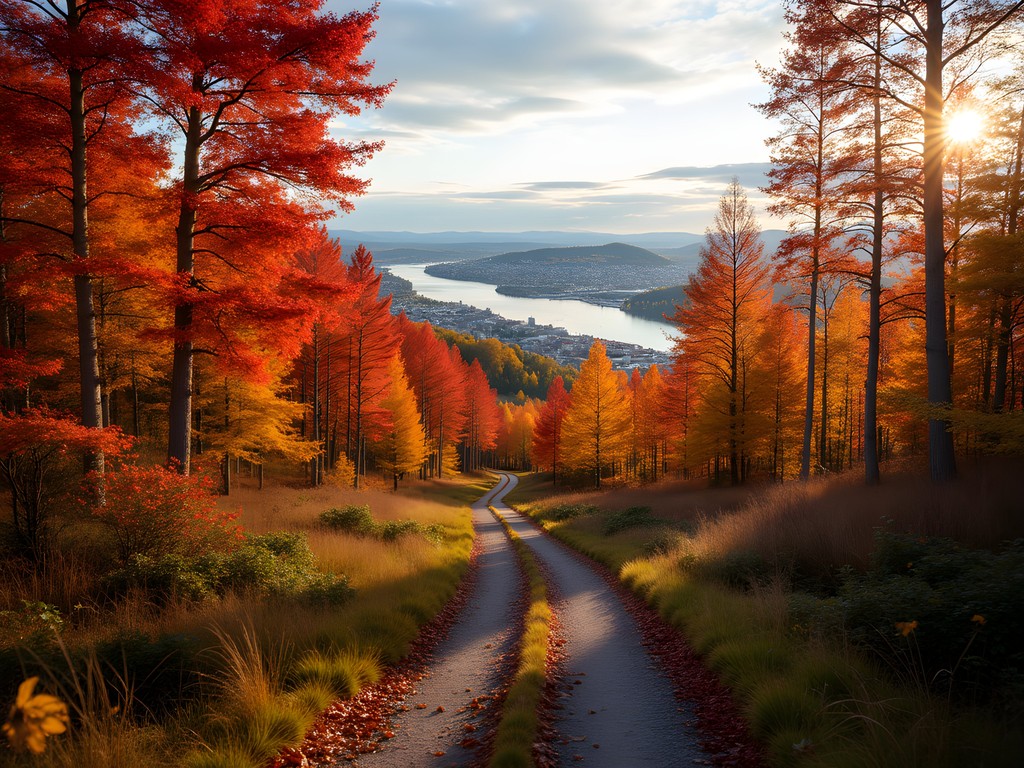 Hiking trail through colorful autumn forest in Nordmarka with distant Oslo view