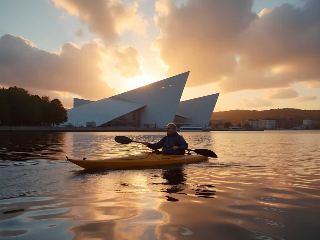 Person kayaking past Oslo Opera House during sunset with colorful sky