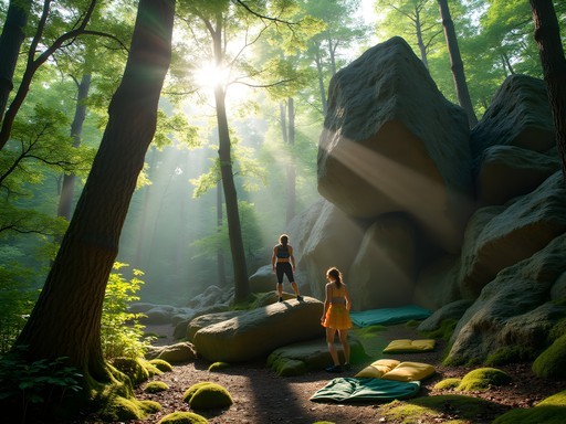 Rock climbing on sandstone boulders in Fontainebleau Forest near Paris