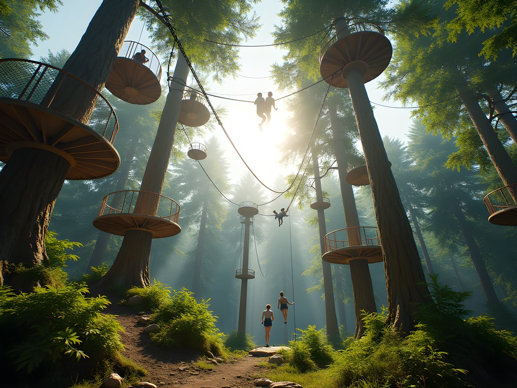 Adventure park zipline course through forest canopy near Paris