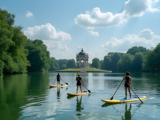 Stand-up paddleboarding on Lac Daumesnil in Bois de Vincennes park, Paris