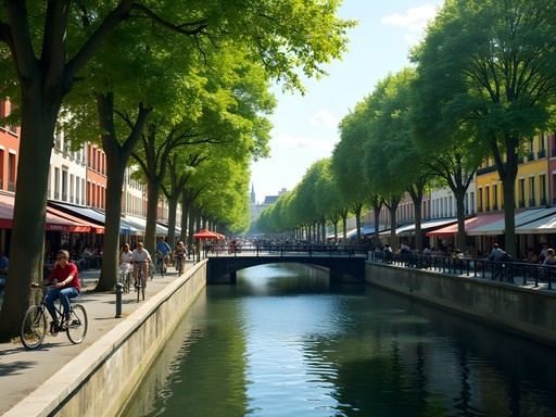 Cycling path along Canal Saint-Martin in Paris with colorful buildings and iron bridges