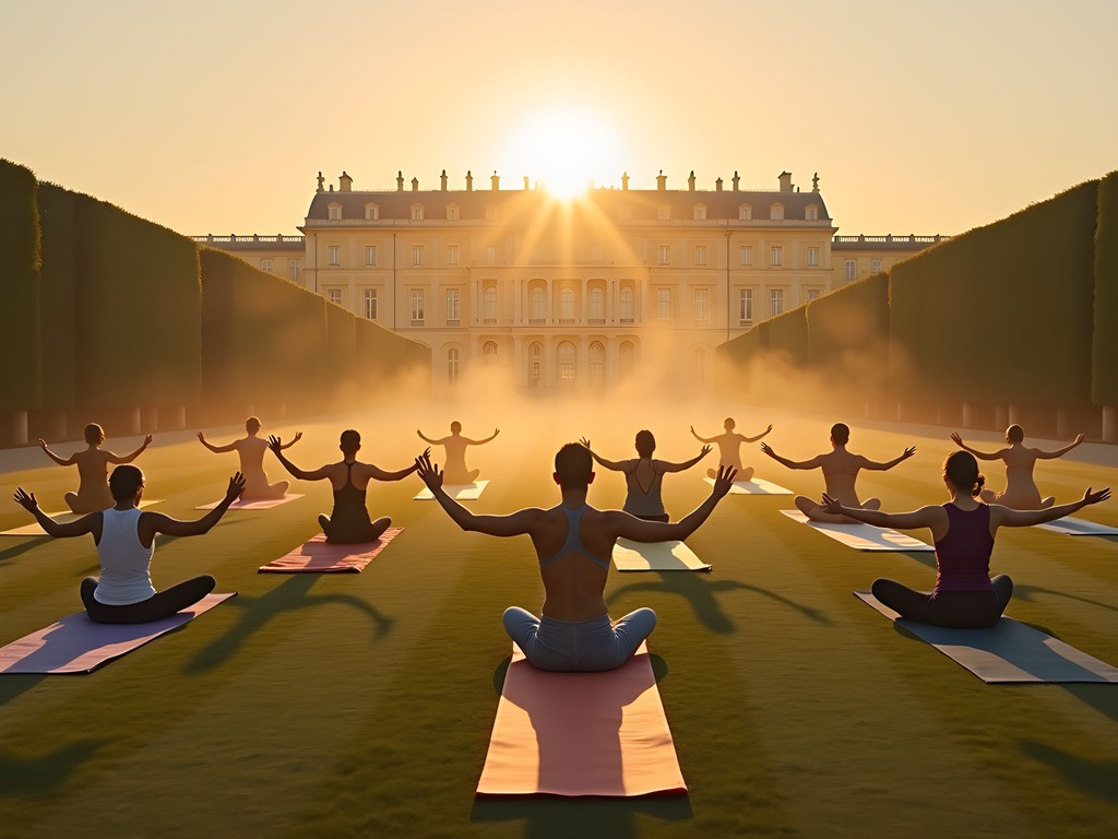Morning yoga session in the gardens of Versailles palace with golden sunrise light