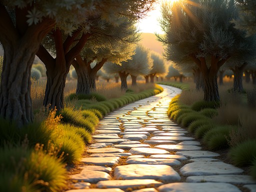 Ancient Byzantine stone path from Lefkes to Prodromos with olive trees