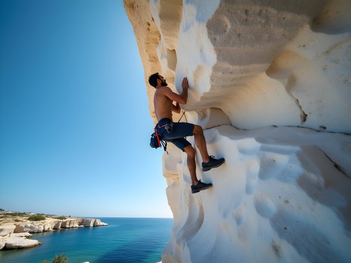Rock climber ascending white marble face near ancient quarries in Paros